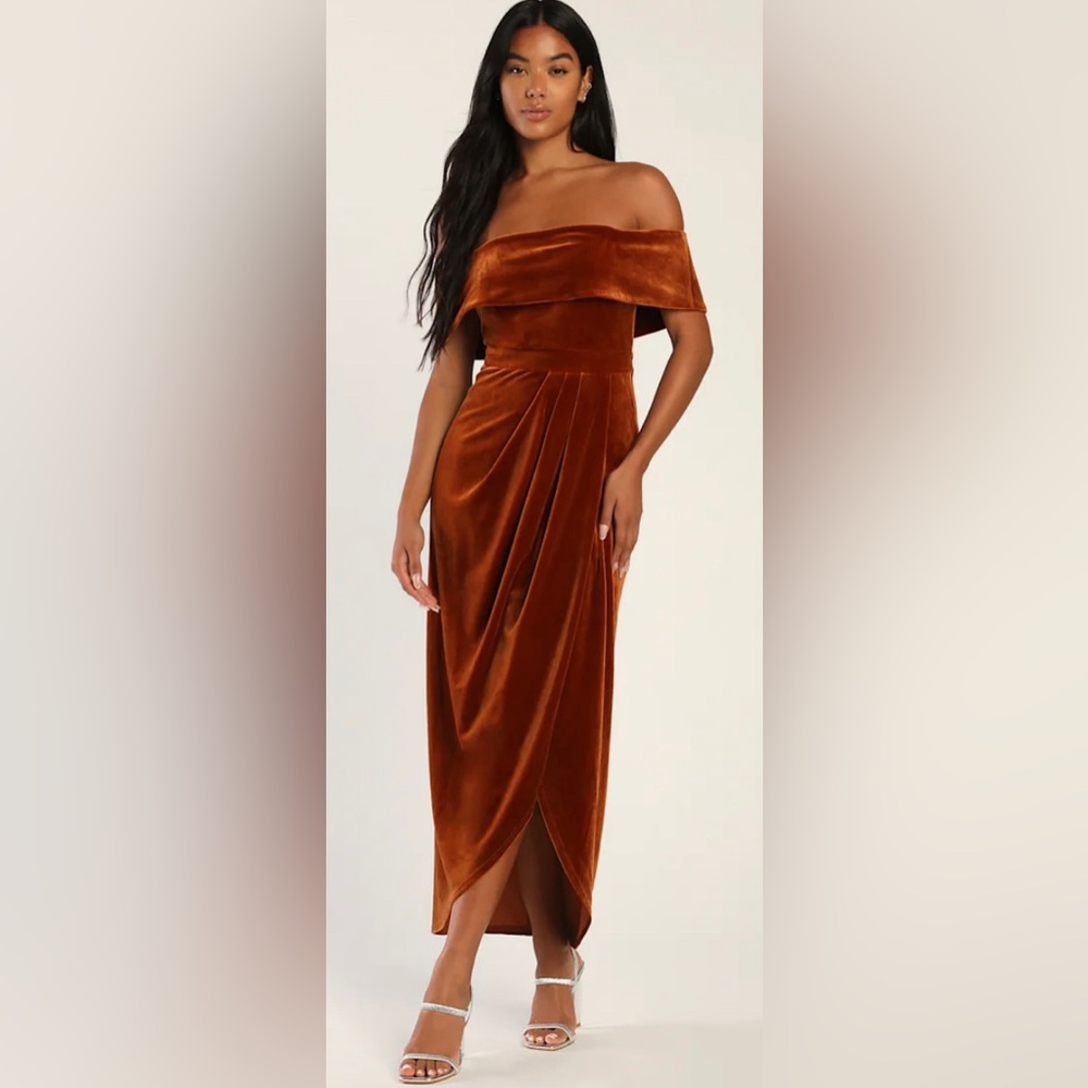 Lulus I'm Enchanted Rust Velvet Off-the-Shoulder Maxi Dress
